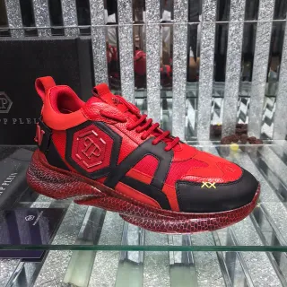 Philipp Plein Red Black Hexagonal Logo Panel Honeycomb Sole Texture Chunky Sneakers