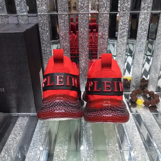 Philipp Plein حذاء رياضي سميك أحمر أسود لوحة شعار سداسي الشكل نسيج قاعدة خلية نحل 3