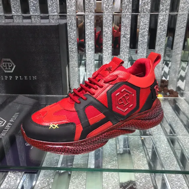 Philipp Plein حذاء رياضي سميك أحمر أسود لوحة شعار سداسي الشكل نسيج قاعدة خلية نحل 4
