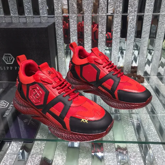 Philipp Plein حذاء رياضي سميك أحمر أسود لوحة شعار سداسي الشكل نسيج قاعدة خلية نحل 6