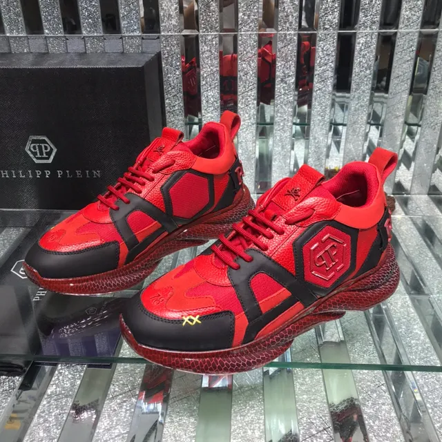 Philipp Plein حذاء رياضي سميك أحمر أسود لوحة شعار سداسي الشكل نسيج قاعدة خلية نحل 8