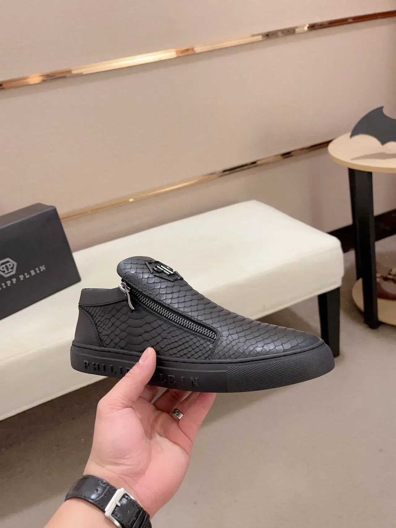 Philipp Plein Snake-Embossed Zipper Slip-On Sneaker 5