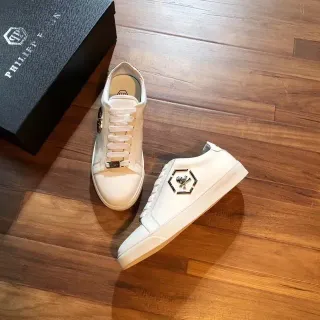 Philipp Plein White Silver Leather-Like Upper Hexagonal Skull Emblem Lifestyle Sneakers