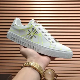 Philipp Plein White Yellow Leather Upper Neon Geometric Web Print Lifestyle Sneakers