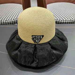 Prada Beige Black Woven Straw Crown Glossy Marbled Fabric Brim Bucket Hat