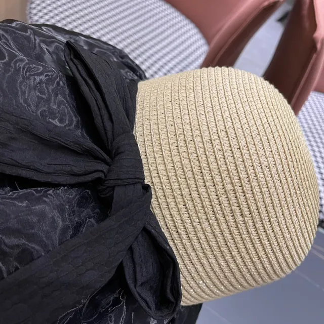 Prada Beige Black Woven Straw Crown Glossy Marbled Fabric Brim Bucket Hat 12