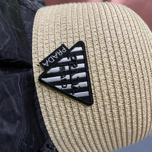 Prada Beige Black Woven Straw Crown Glossy Marbled Fabric Brim Bucket Hat 2