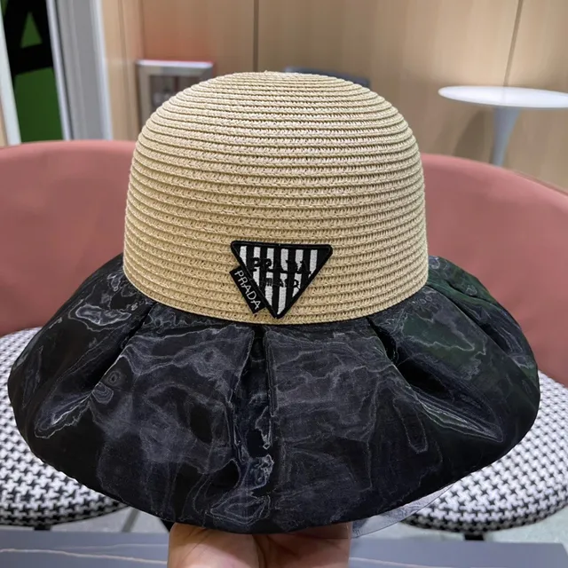 Prada Beige Black Woven Straw Crown Glossy Marbled Fabric Brim Bucket Hat 3