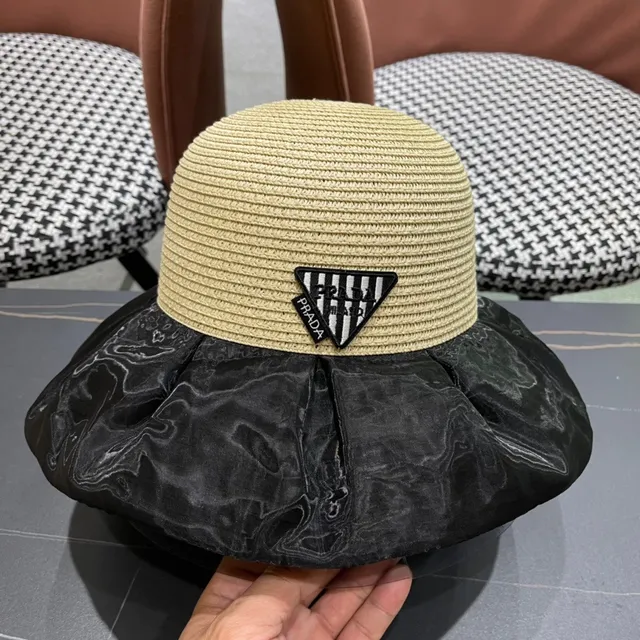 Prada Beige Black Woven Straw Crown Glossy Marbled Fabric Brim Bucket Hat 4