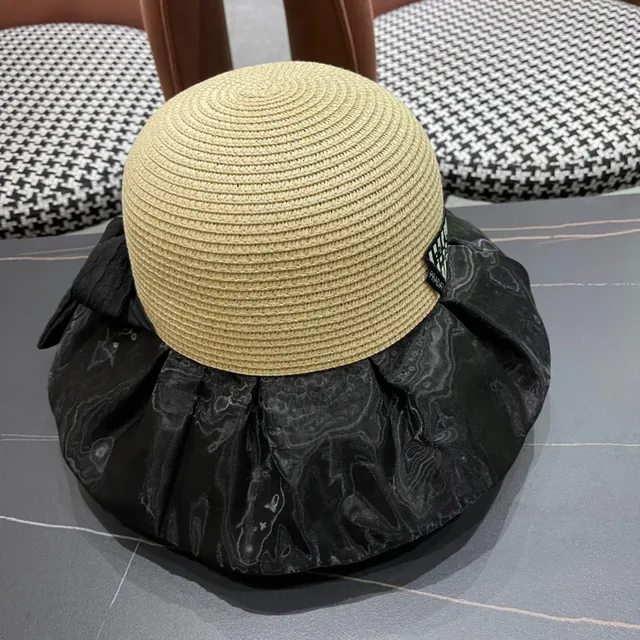 Prada Beige Black Woven Straw Crown Glossy Marbled Fabric Brim Bucket Hat 7