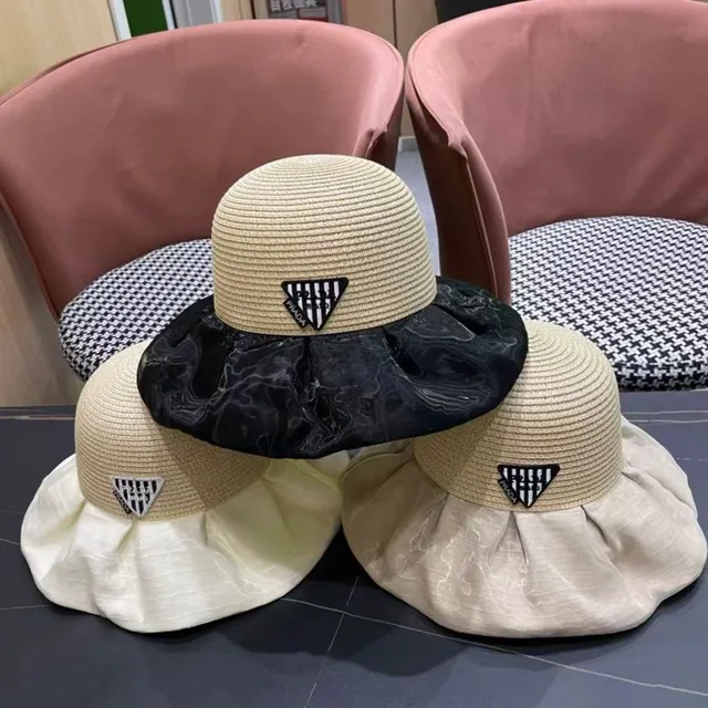 Prada Beige Black Woven Straw Crown Glossy Marbled Fabric Brim Bucket Hat 9