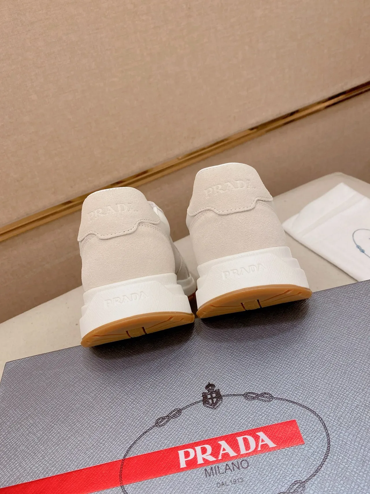 Prada Beige Brown Panelled Suede And Leather Upper Triangular Metal Logo Plaque Lifestyle Sneakers 3