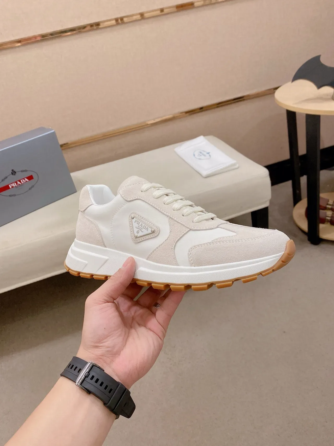 Prada Beige Brown Panelled Suede And Leather Upper Triangular Metal Logo Plaque Lifestyle Sneakers 4
