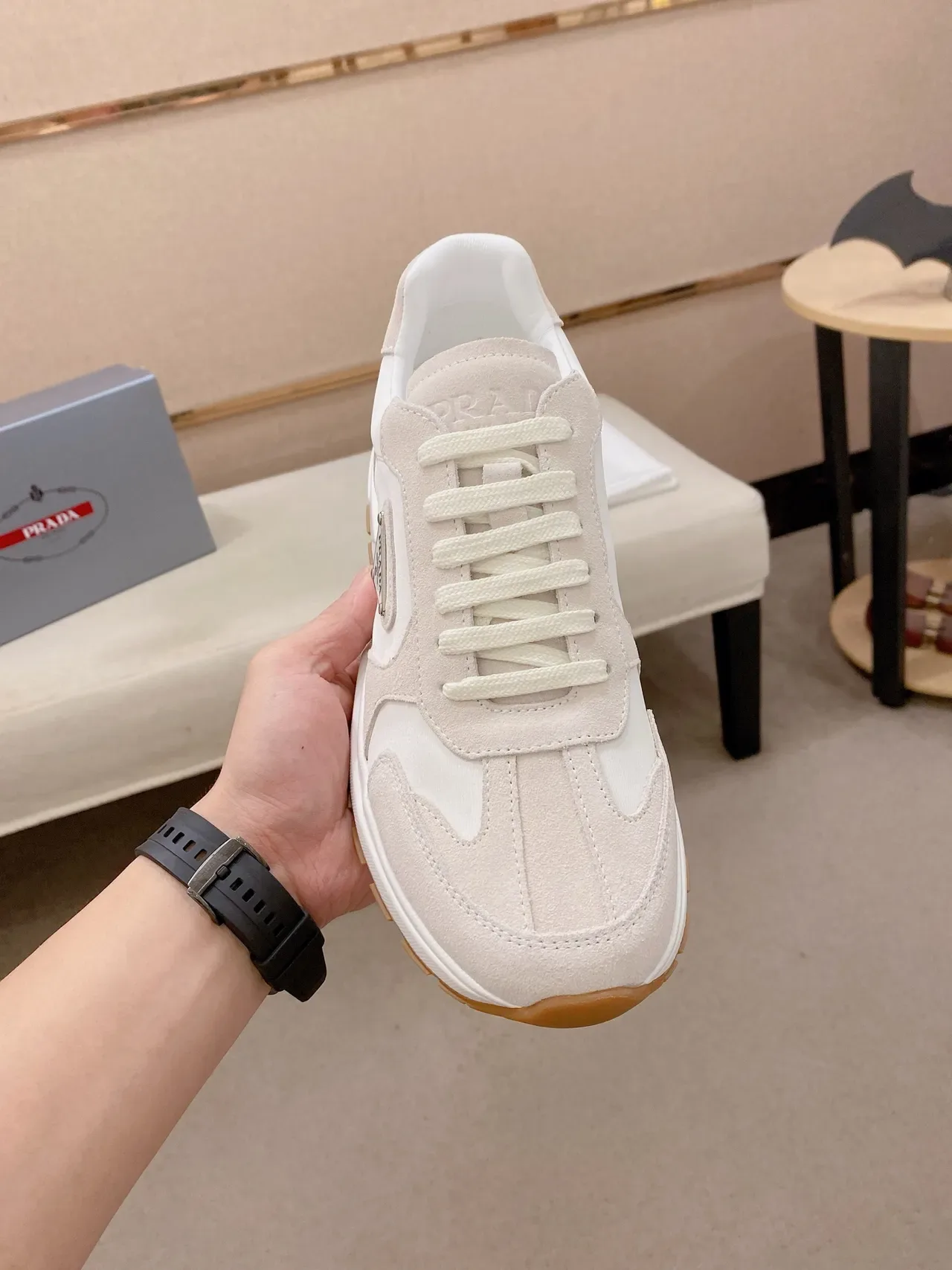Prada Beige Brown Panelled Suede And Leather Upper Triangular Metal Logo Plaque Lifestyle Sneakers 5