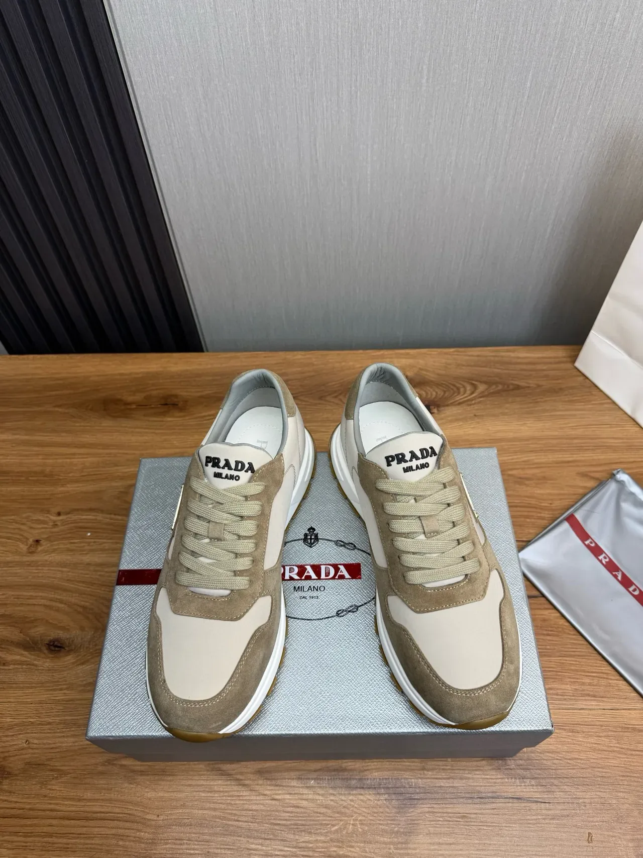 Prada Beige Gray Layered Suede And Leather Upper Triangular Logo Plaque Lifestyle Sneakers 2