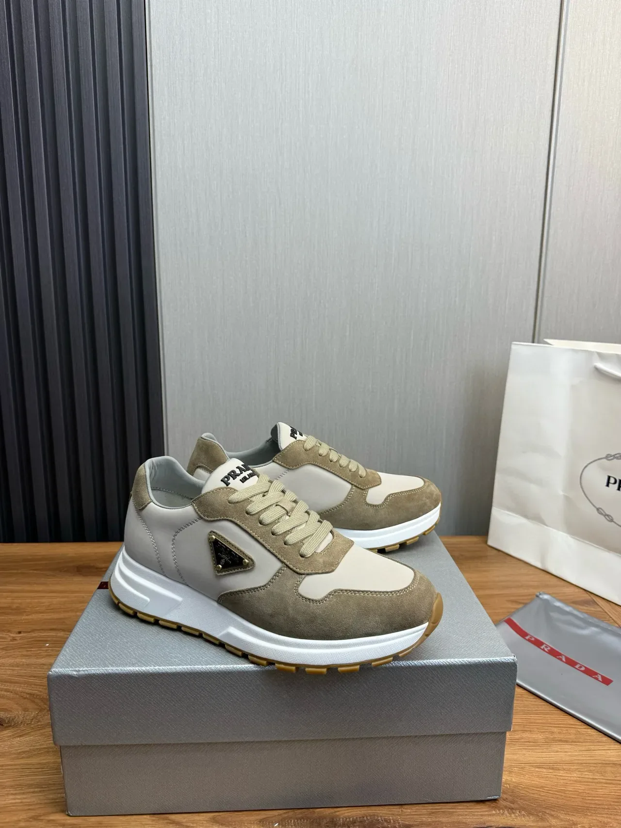 Prada Beige Gray Layered Suede And Leather Upper Triangular Logo Plaque Lifestyle Sneakers 3