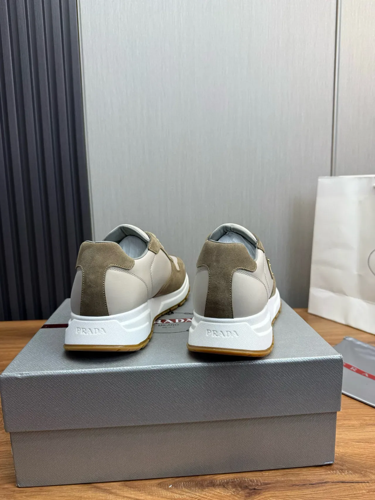 Prada Beige Gray Layered Suede And Leather Upper Triangular Logo Plaque Lifestyle Sneakers 4