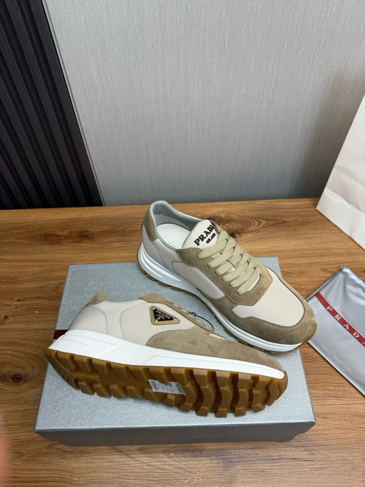 Prada Beige Gray Layered Suede And Leather Upper Triangular Logo Plaque Lifestyle Sneakers 5