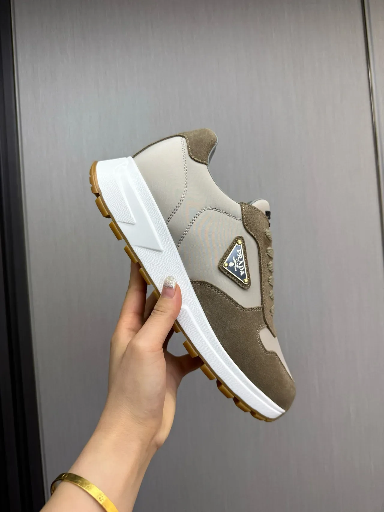 Prada Beige Gray Layered Suede And Leather Upper Triangular Logo Plaque Lifestyle Sneakers 6