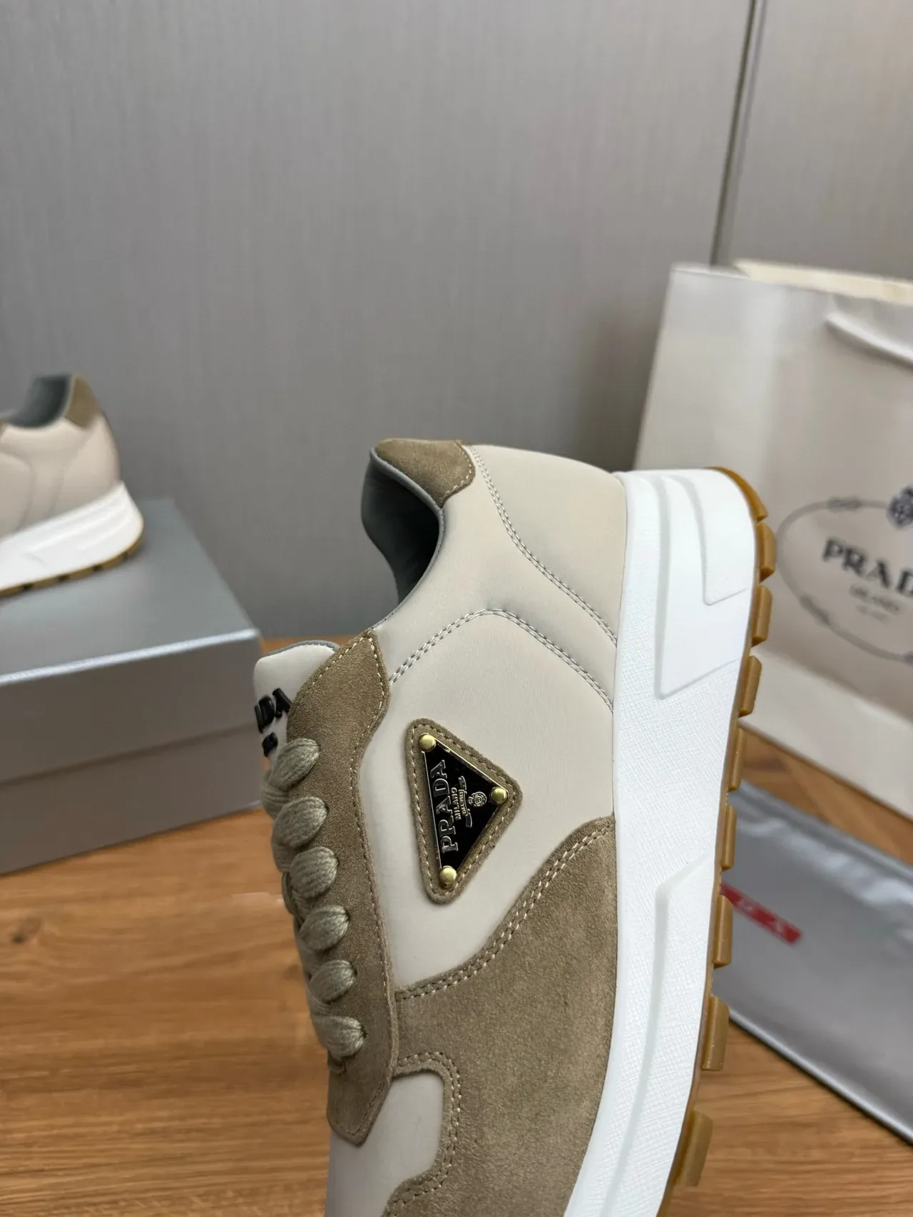 Prada Beige Gray Layered Suede And Leather Upper Triangular Logo Plaque Lifestyle Sneakers 7