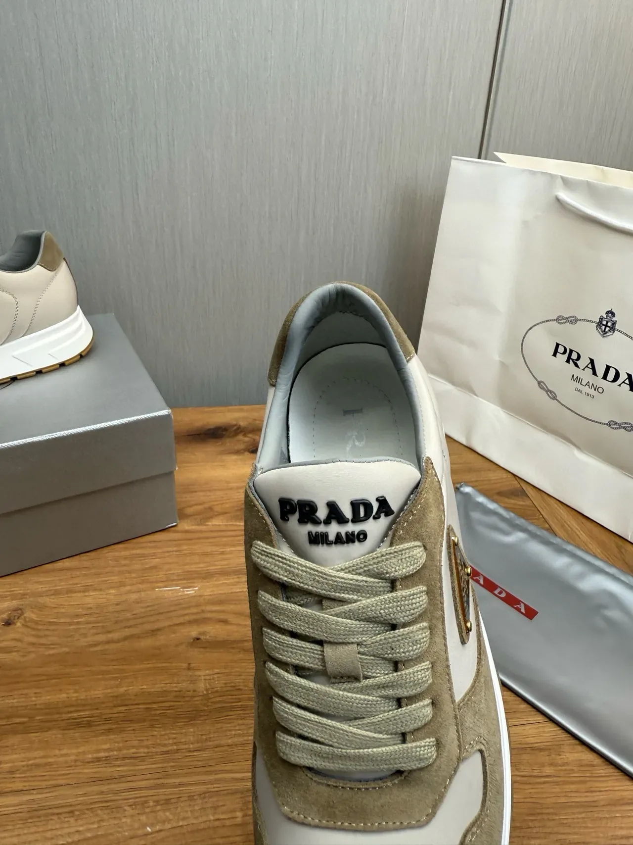 Prada Beige Gray Layered Suede And Leather Upper Triangular Logo Plaque Lifestyle Sneakers 8