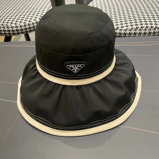 Prada Black Beige Nylon-Like Fabric Cream Contrast Band Bucket Hat 3