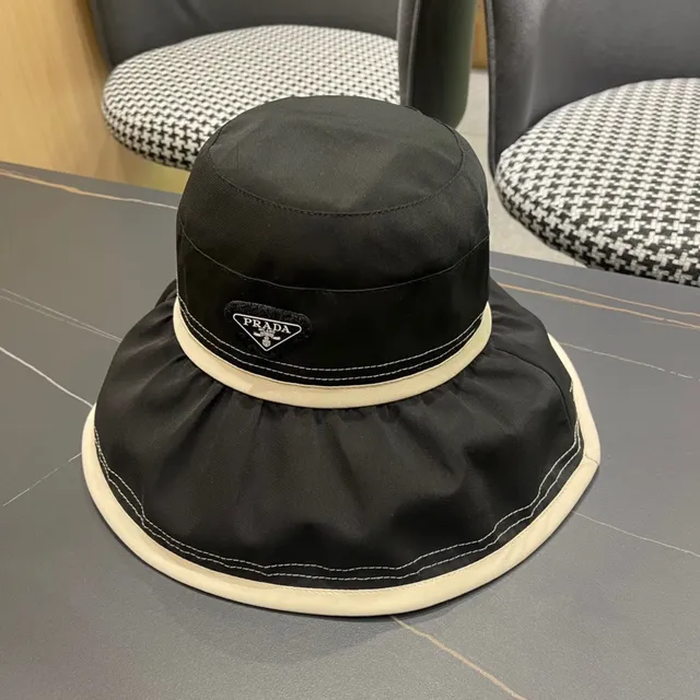 Prada Black Beige Nylon-Like Fabric Cream Contrast Band Bucket Hat 4