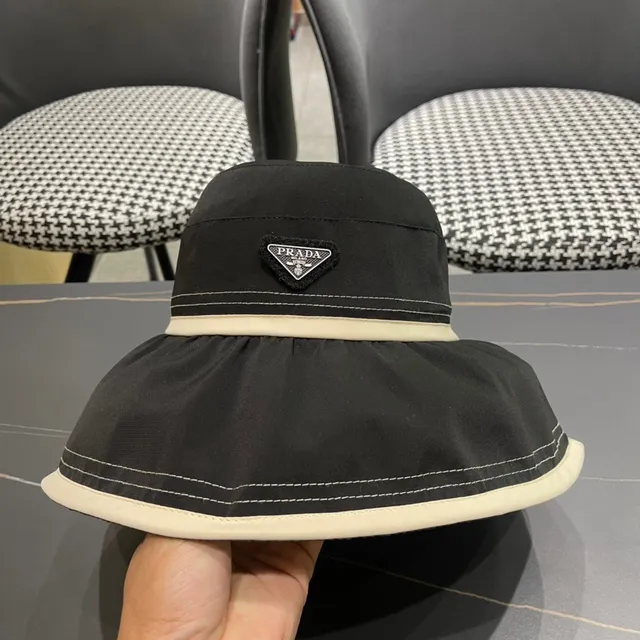 Prada Black Beige Nylon-Like Fabric Cream Contrast Band Bucket Hat 5