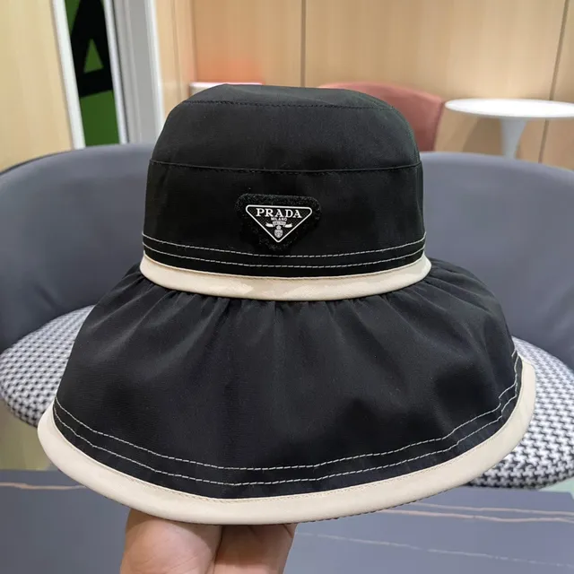 Prada Black Beige Nylon-Like Fabric Cream Contrast Band Bucket Hat 6