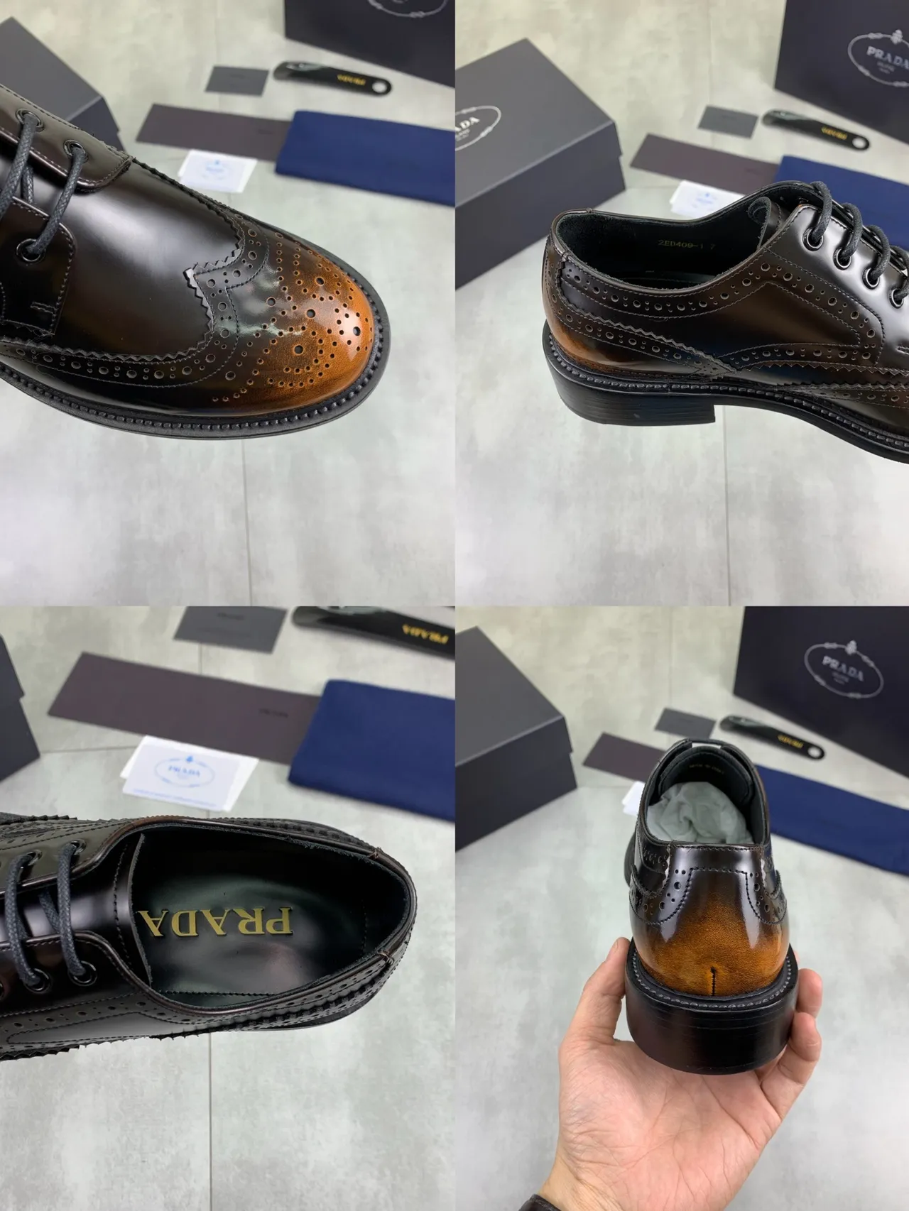 Prada Black Brown Two-Tone Polished Leather Full Wingtip Brogue 2