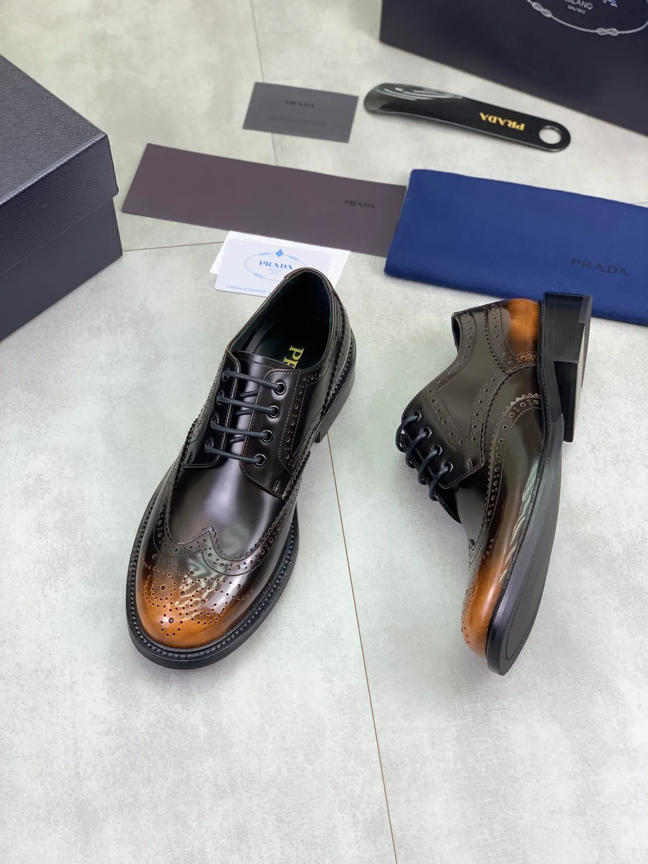 Prada Black Brown Two-Tone Polished Leather Full Wingtip Brogue 5