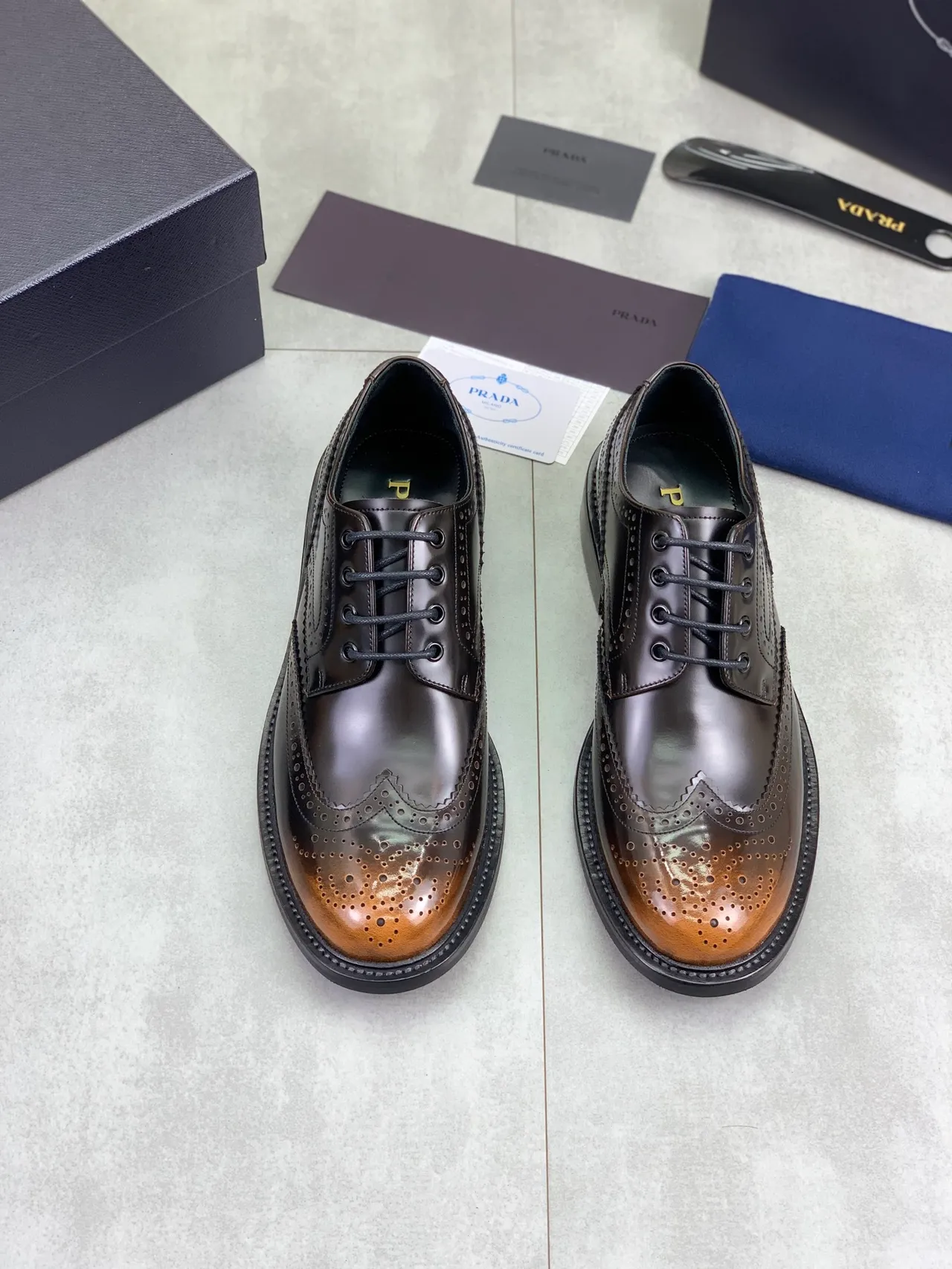 Prada Black Brown Two-Tone Polished Leather Full Wingtip Brogue 6