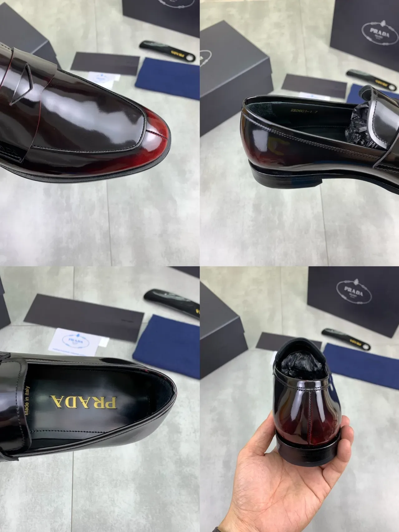 Prada Black Burgundy High-Gloss Patent Leather Penny Loafer 2