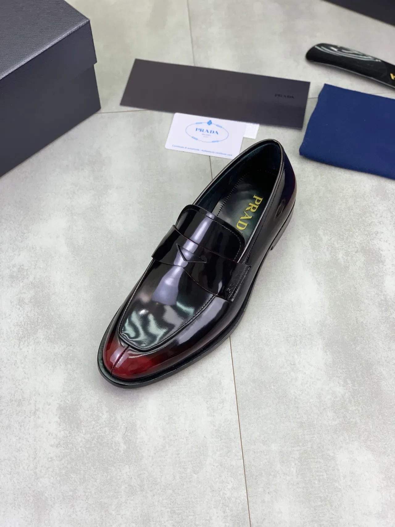 Prada Black Burgundy High-Gloss Patent Leather Penny Loafer 4