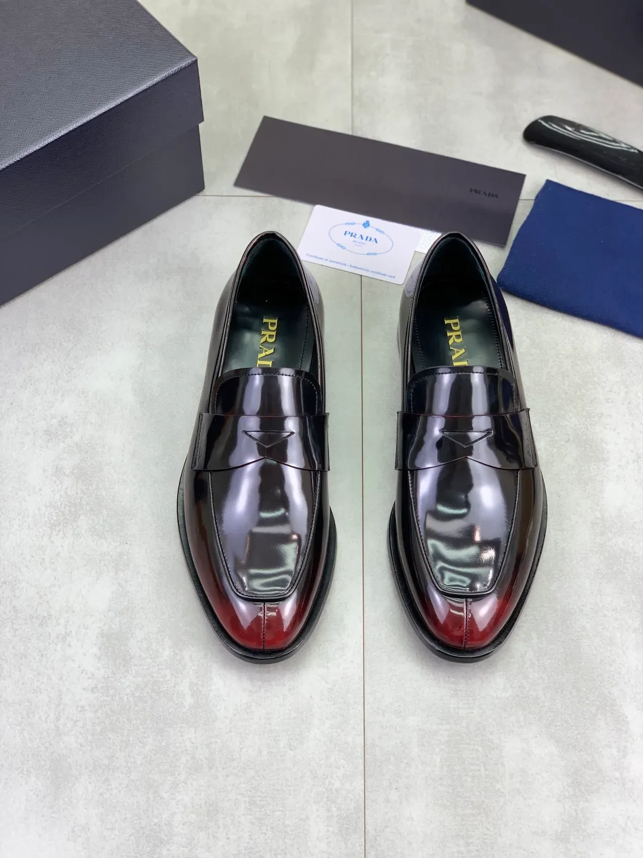 Prada Black Burgundy High-Gloss Patent Leather Penny Loafer 5