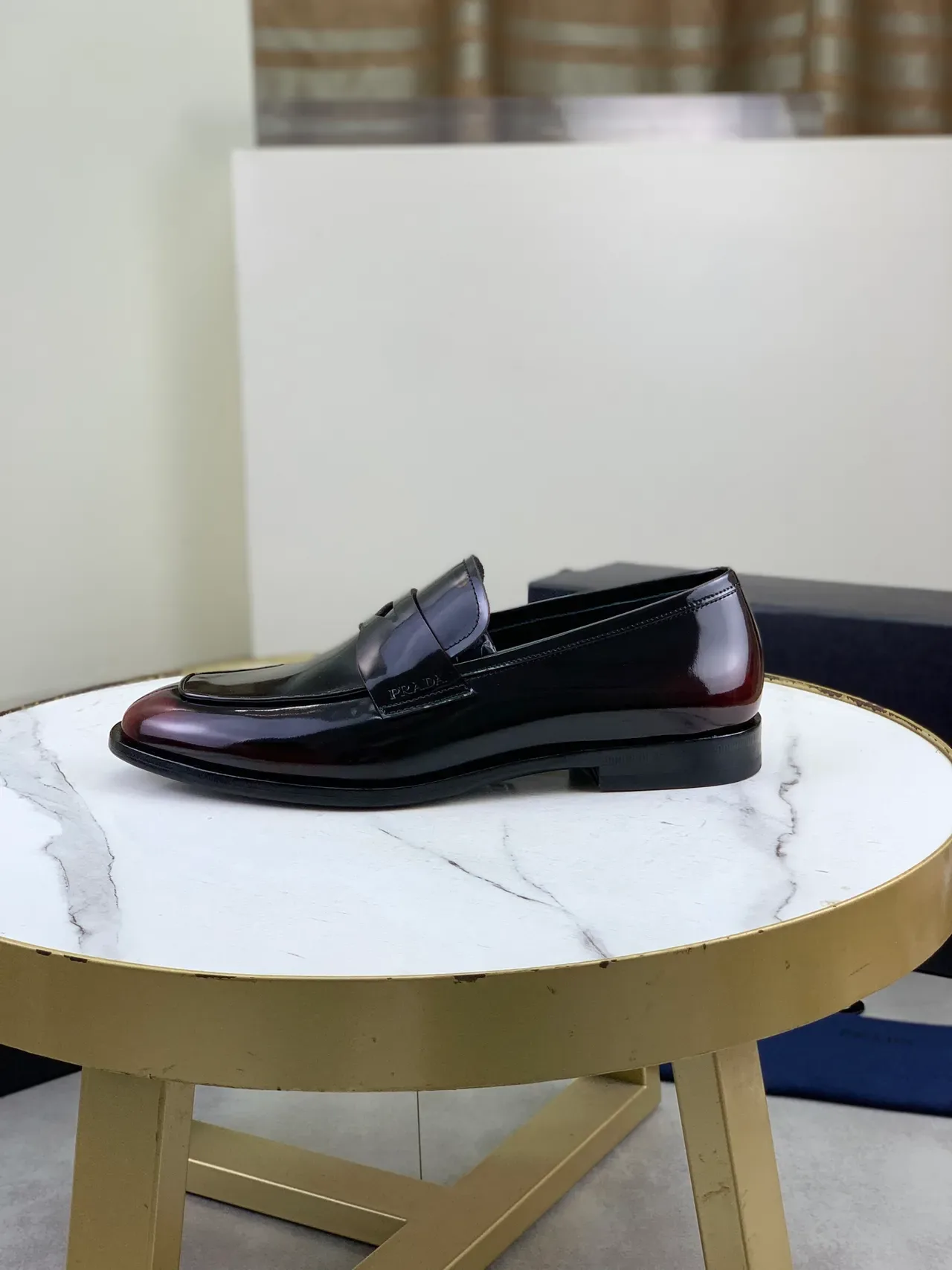 Prada Black Burgundy High-Gloss Patent Leather Penny Loafer 6