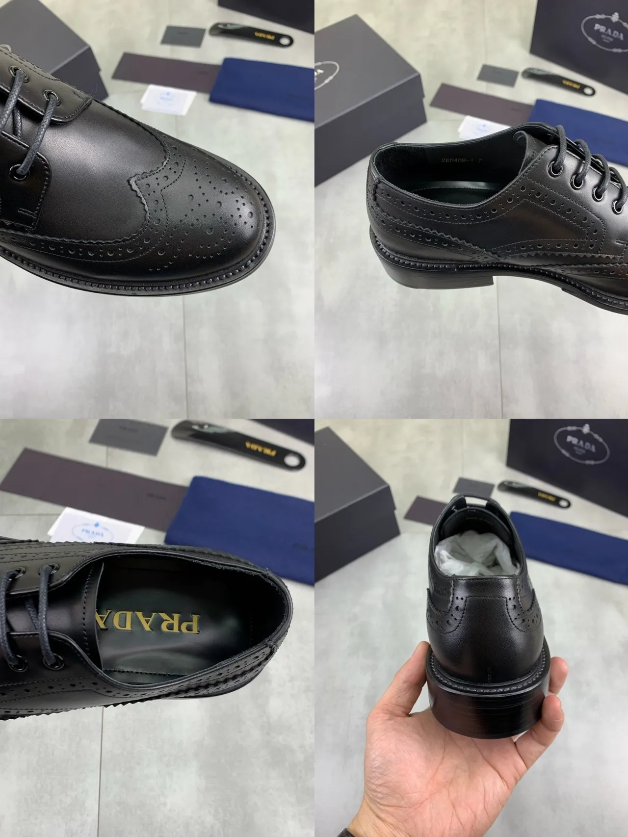 Prada Black Full Wingtip Polished Leather Brogue 2