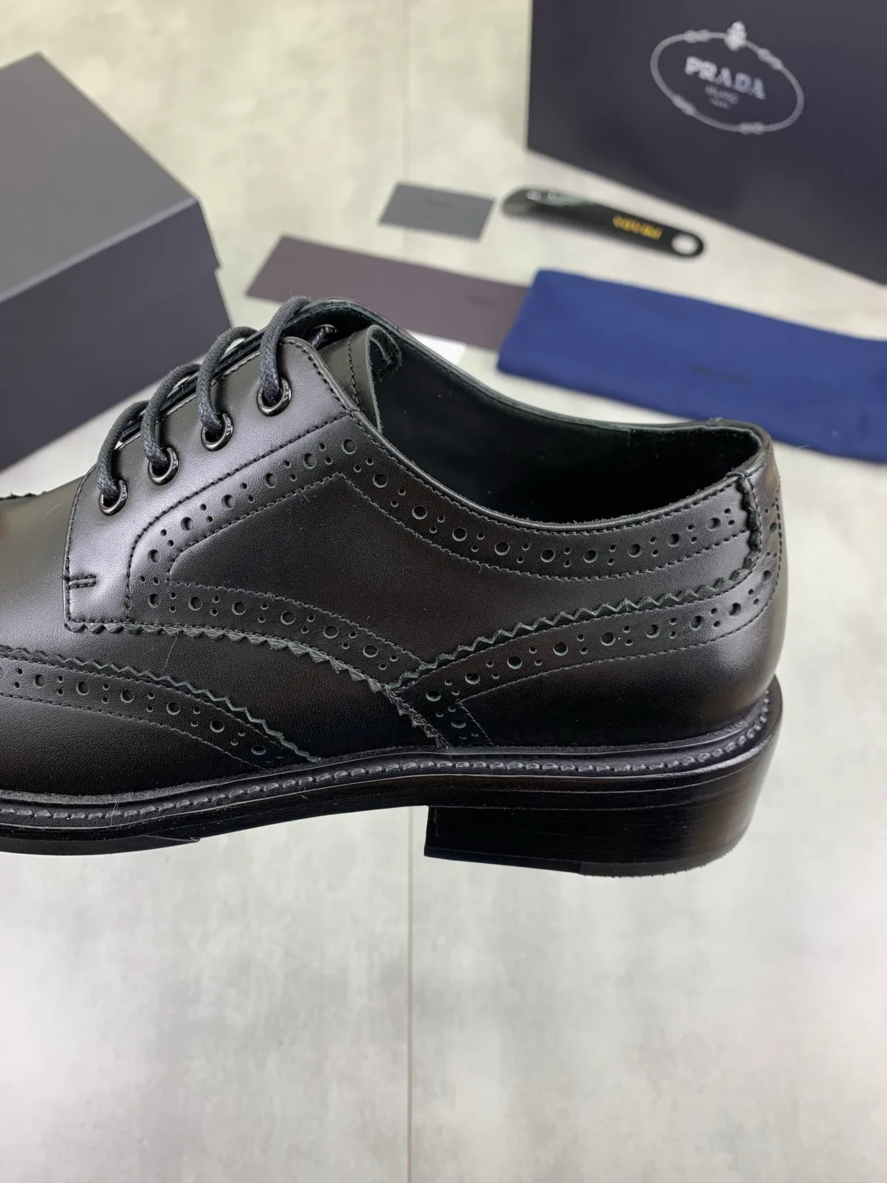 Prada Black Full Wingtip Polished Leather Brogue 4