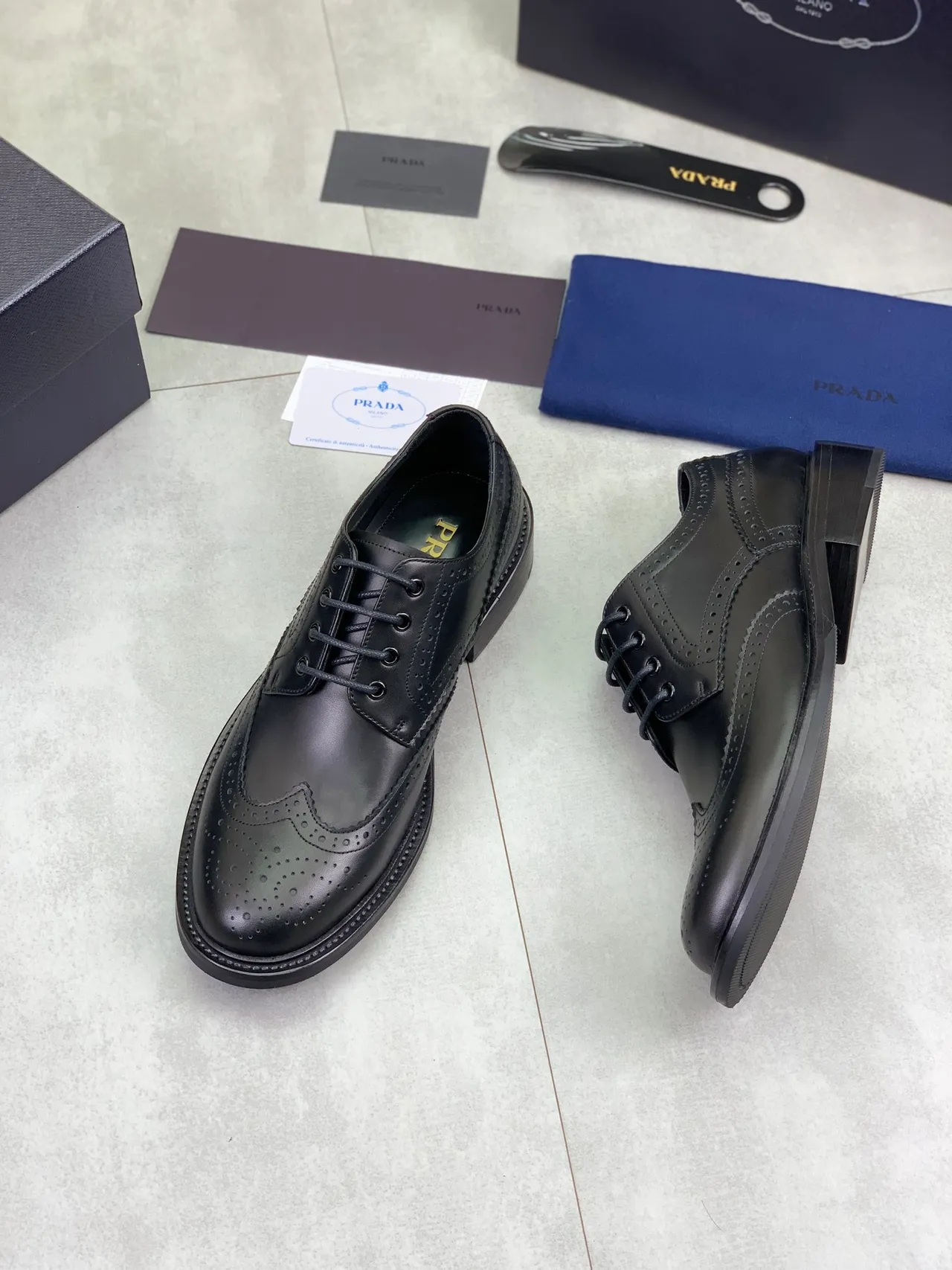 Prada Black Full Wingtip Polished Leather Brogue 5