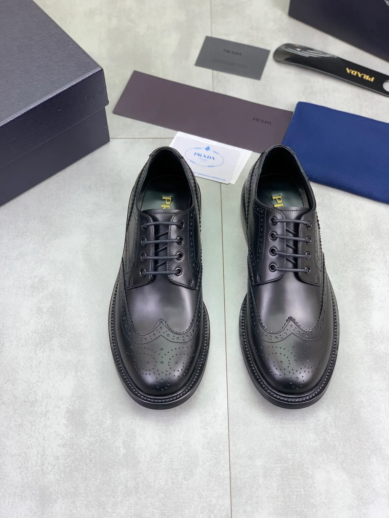 Prada Black Full Wingtip Polished Leather Brogue 6
