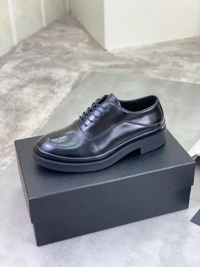 Prada Black Glossy Leather Perforated Toe Brogue 4