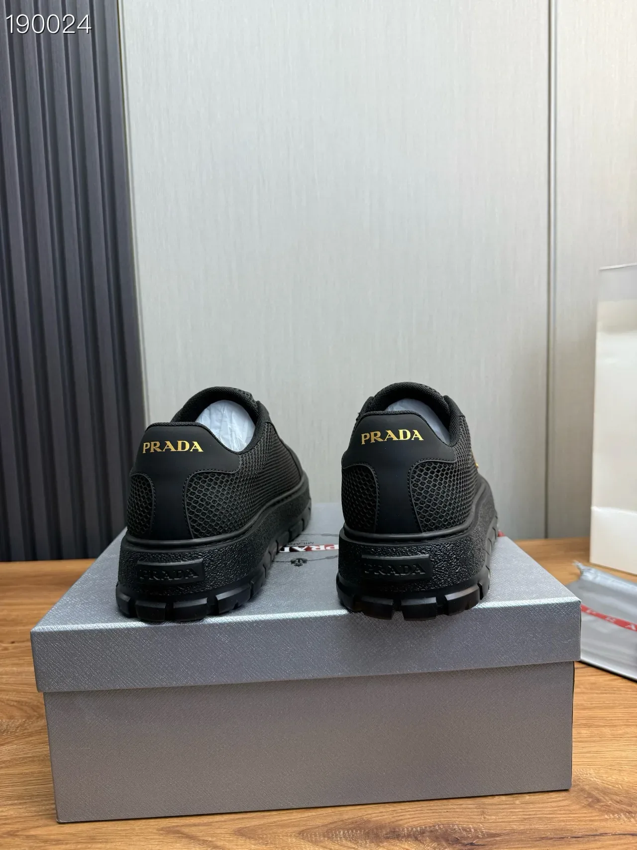 Prada Black Gold Mesh Upper Triangular Logo Plaque Lifestyle Sneakers 2
