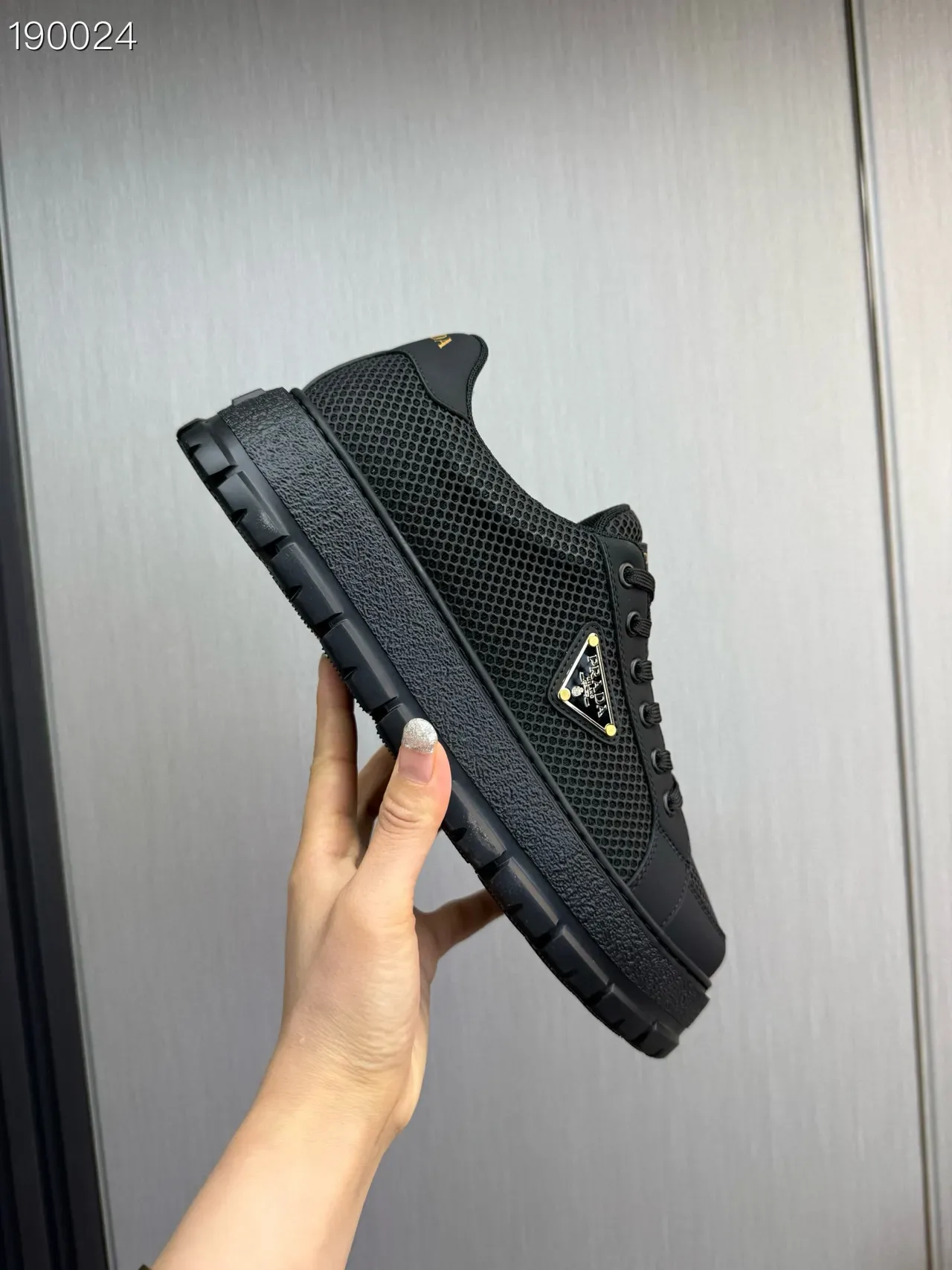 Prada Black Gold Mesh Upper Triangular Logo Plaque Lifestyle Sneakers 3