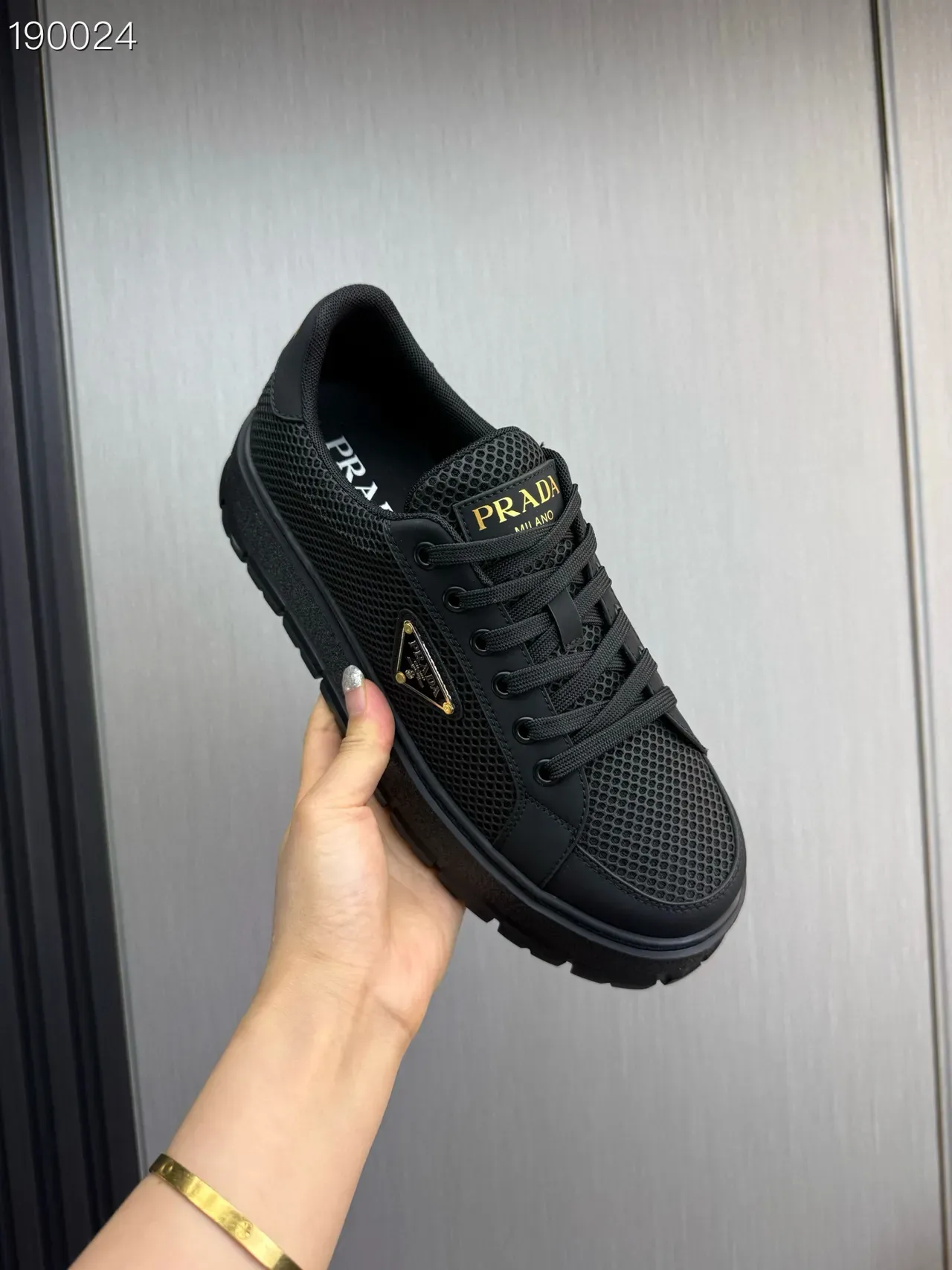 Prada Black Gold Mesh Upper Triangular Logo Plaque Lifestyle Sneakers 4