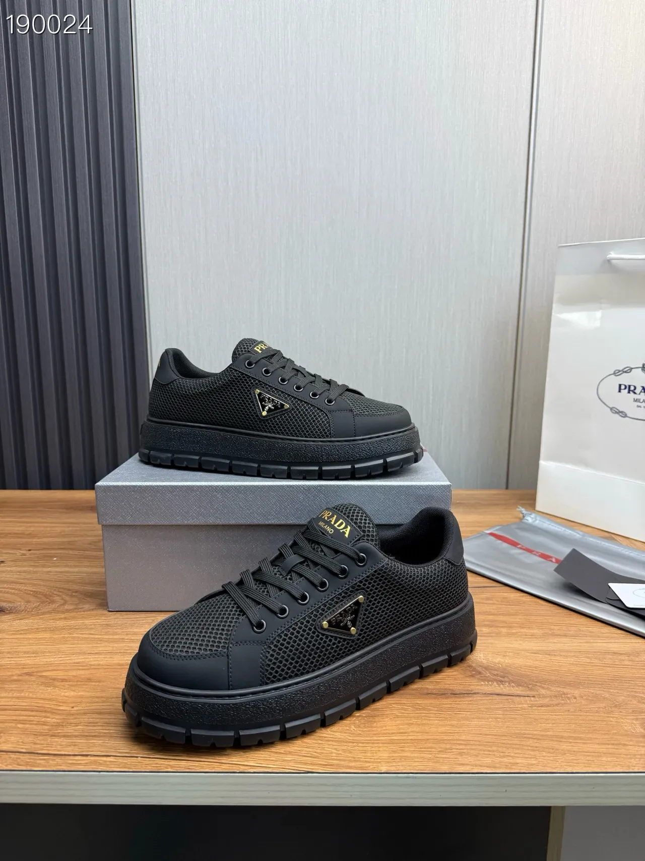 Prada Black Gold Mesh Upper Triangular Logo Plaque Lifestyle Sneakers 6