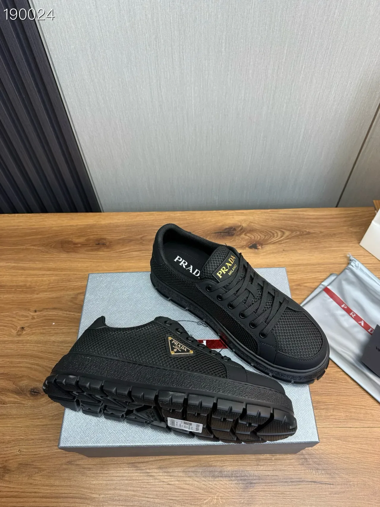 Prada Black Gold Mesh Upper Triangular Logo Plaque Lifestyle Sneakers 7