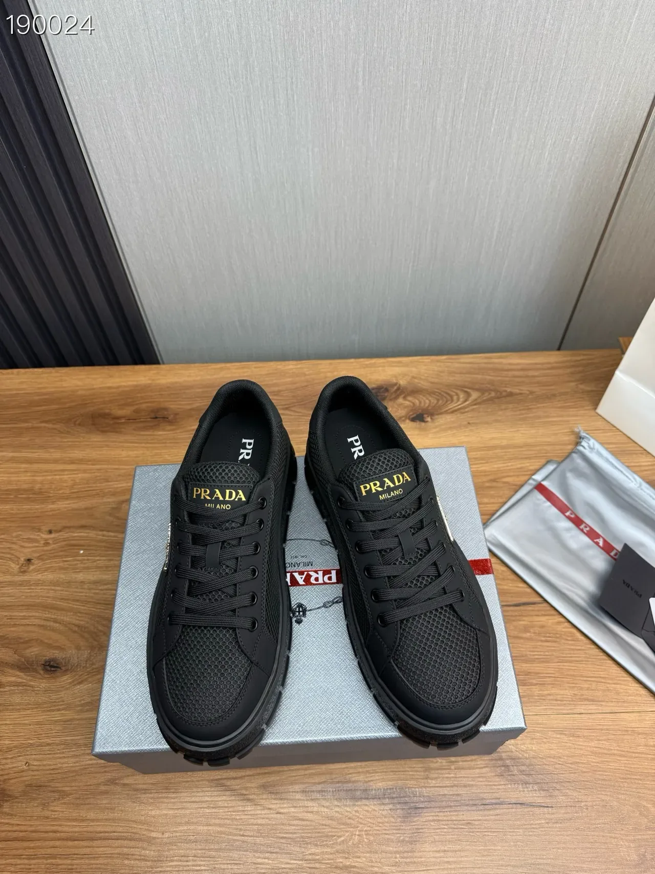 Prada Black Gold Mesh Upper Triangular Logo Plaque Lifestyle Sneakers 8