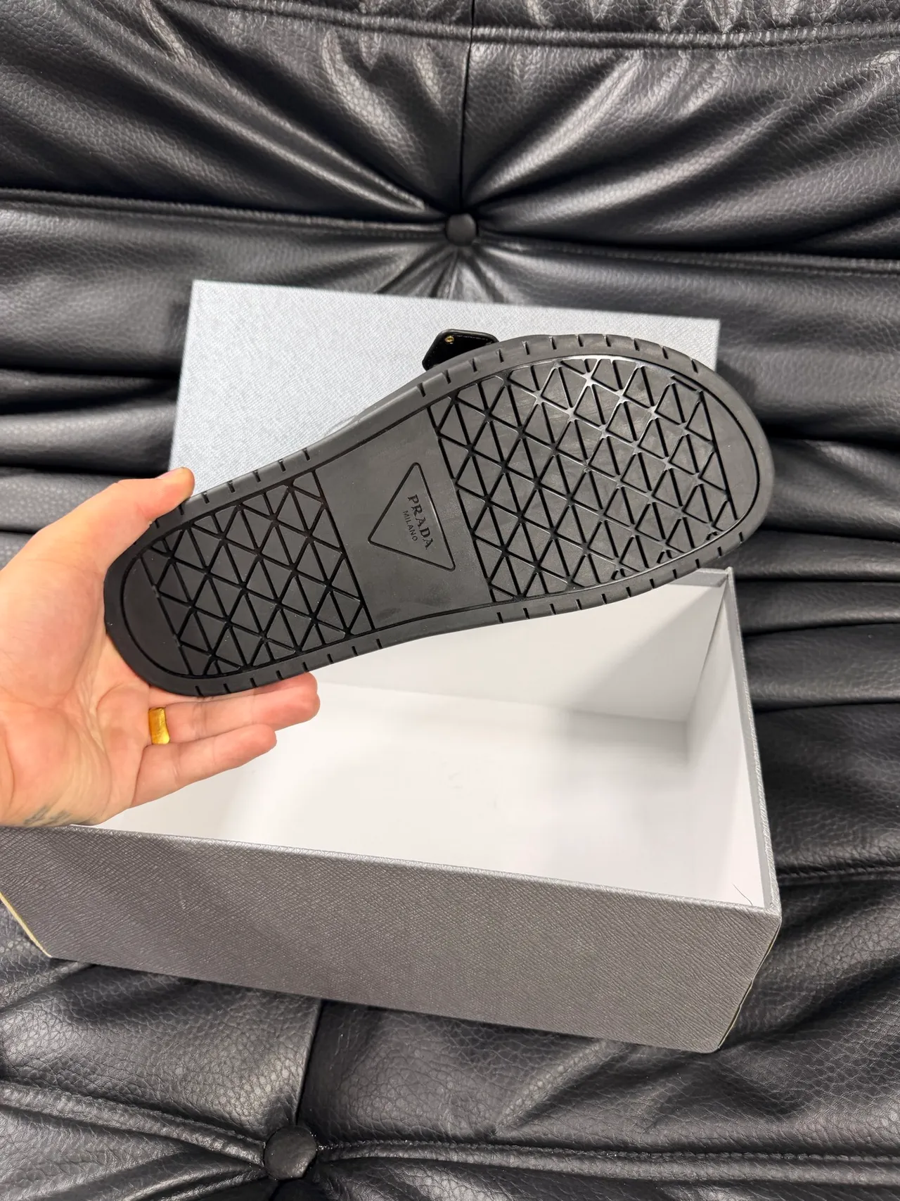 Prada Black Gold Pebbled Leather Rectangular Buckle Slippers 2