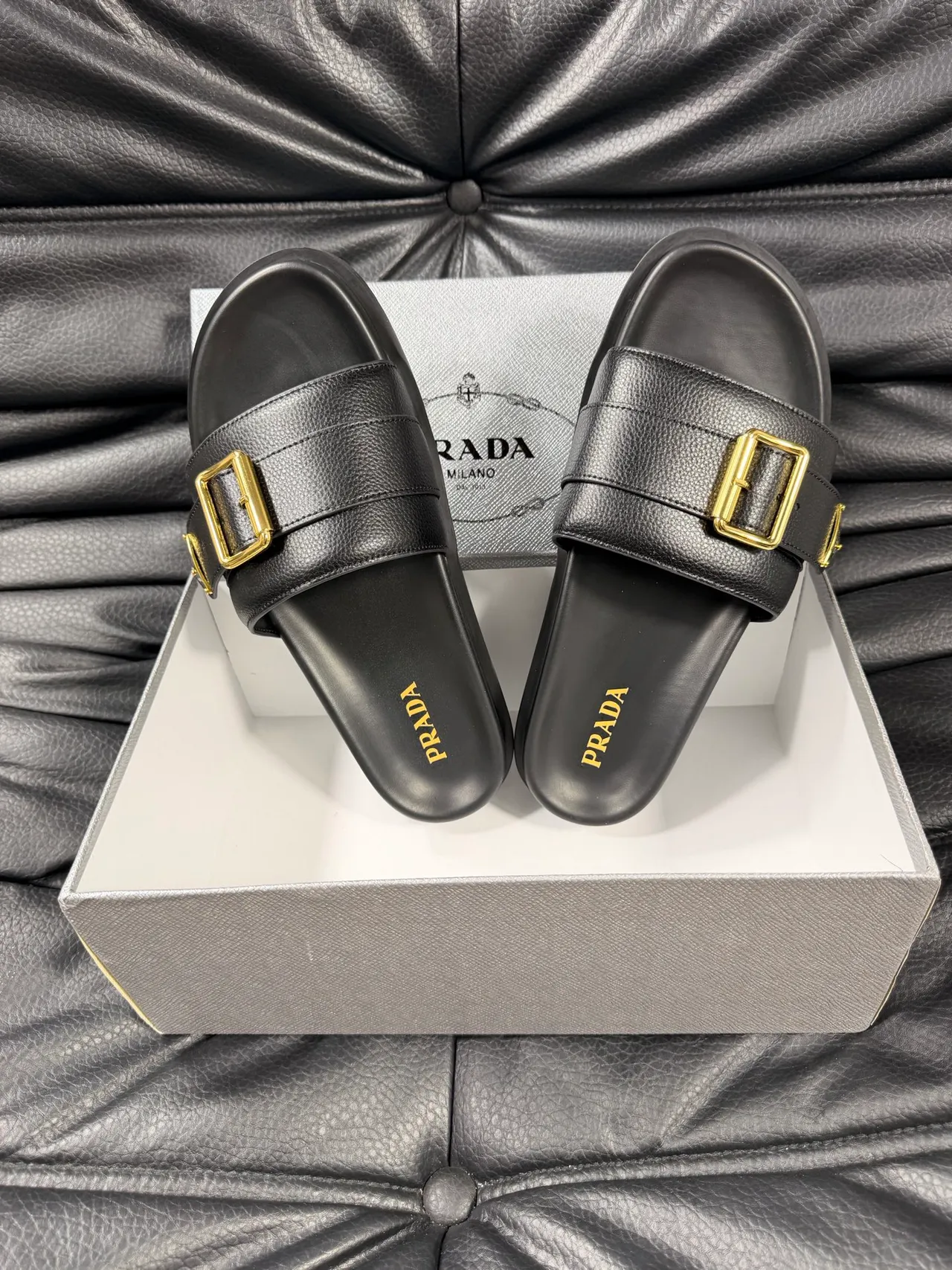 Prada Black Gold Pebbled Leather Rectangular Buckle Slippers 3