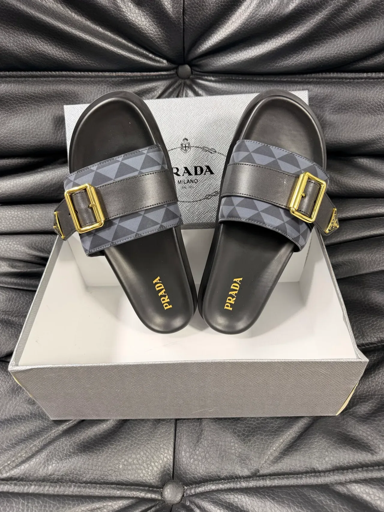 Prada Black Gray Platform Slide Geometric-Print Strap Slippers 3